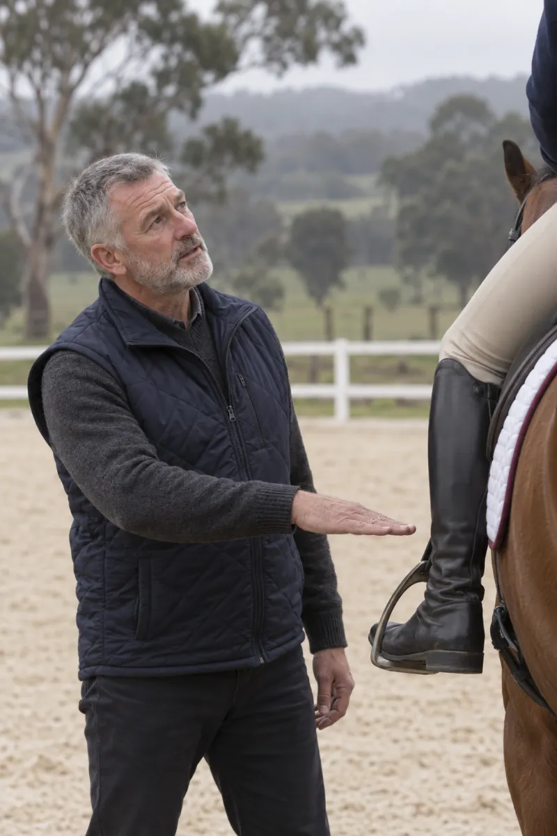 Dom at a rider’s stirrup, his hand showing where her lower leg should hang.
