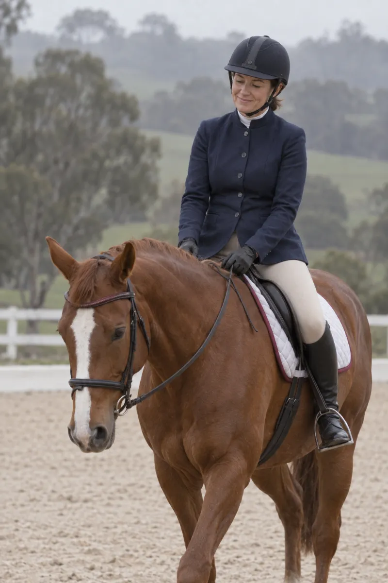 Pip riding a young chestnut at walk on a long rein, looking down at his ears.