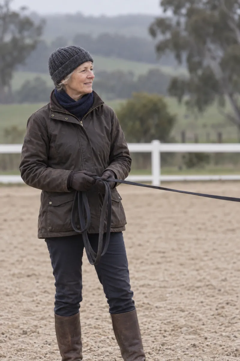 Ros on foot in the sand arena, holding the lunge line and watching the horse go round her.