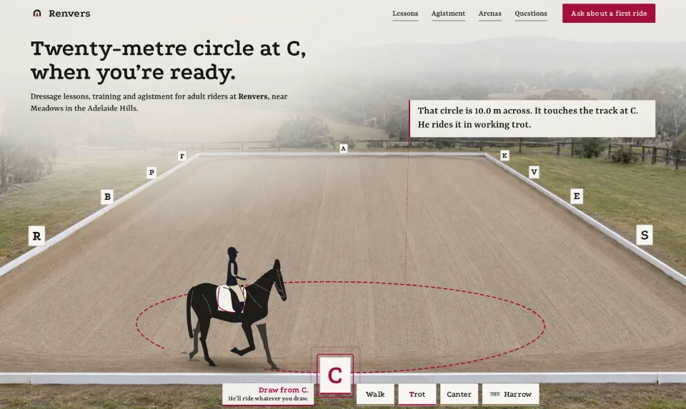 The front page: a sand arena seen from above its near end, a horse and rider halted by a circle of trot prints at C