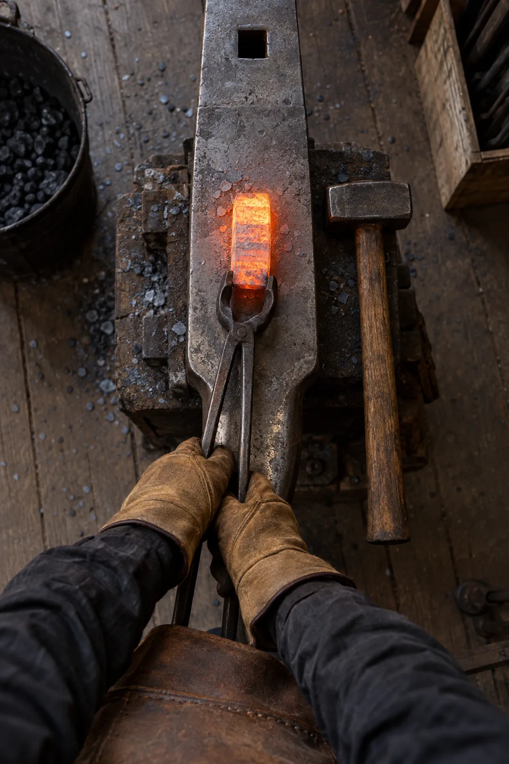 Gloved hands holding a glowing layered billet on the anvil with long tongs, seen from above.