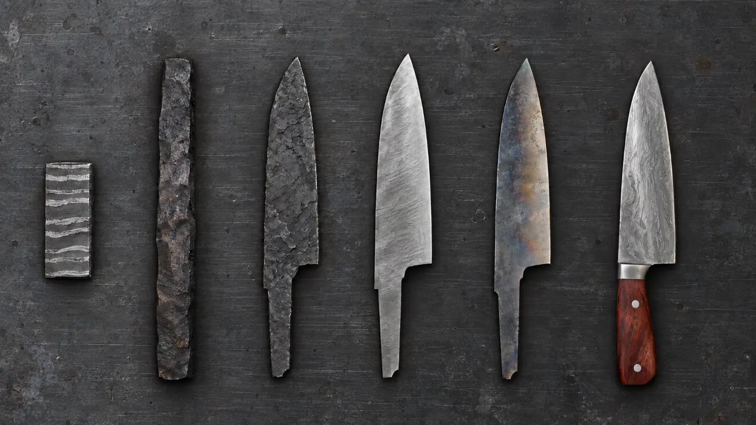 Six stages of one kitchen knife in a row on the steel bench: layered billet, drawn-out bar, forged blank, ground blank, hardened blank and the finished knife.