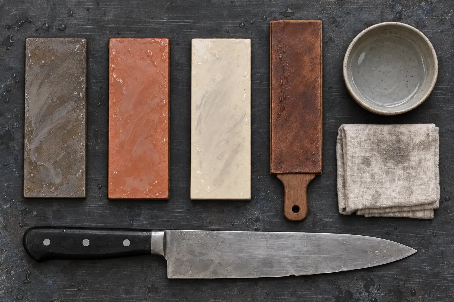Three wet whetstones from coarse to fine, a leather strop, a bowl of water and a worn kitchen knife waiting to be sharpened.
