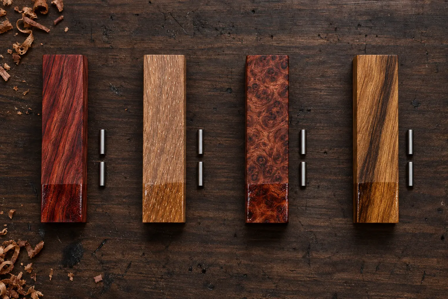 Four squared handle blocks on the bench, each with its pins: river red gum, sheoak, mallee root burl and blackwood.