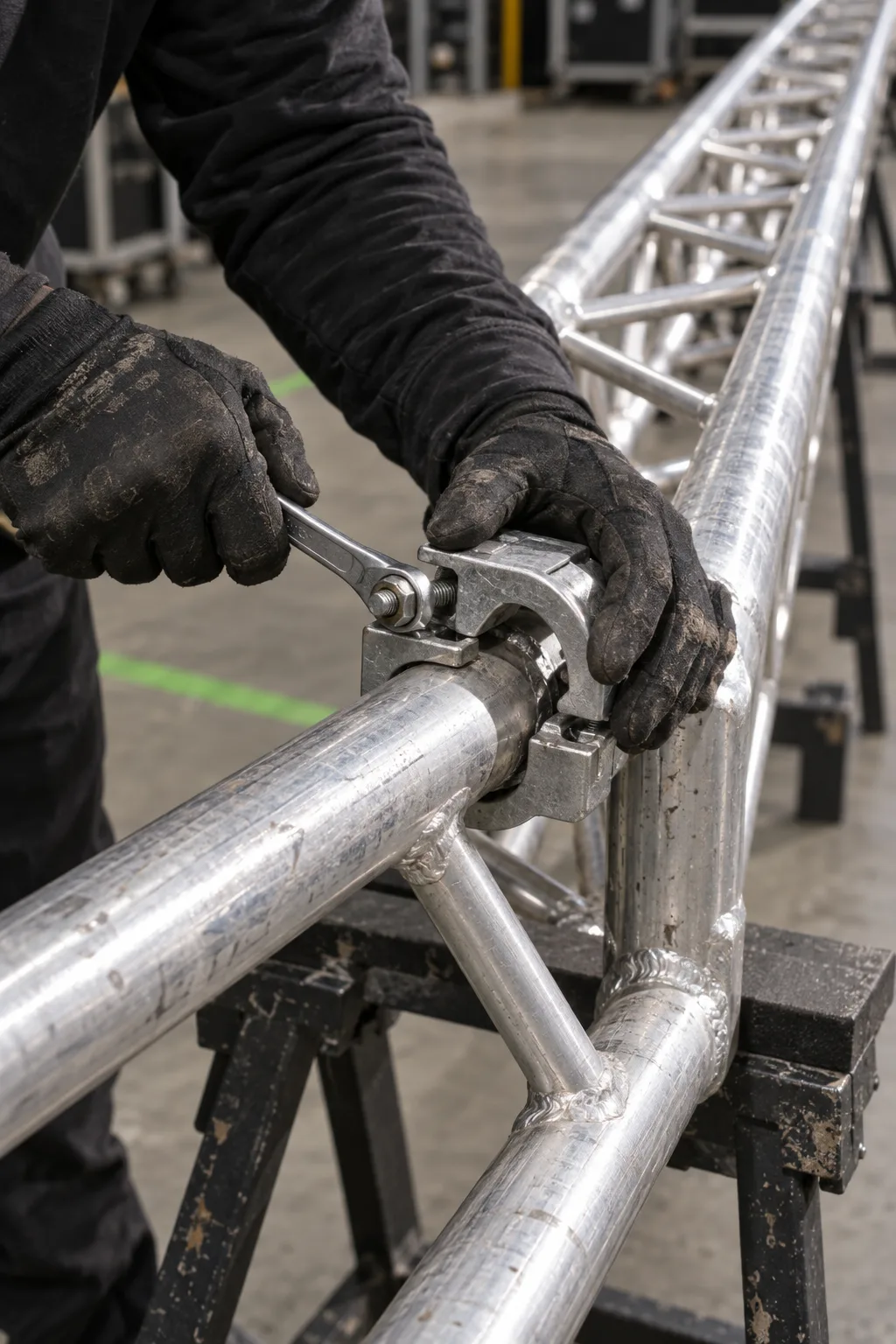 Gloved hands tightening a clamp onto silver truss laid on the warehouse floor.