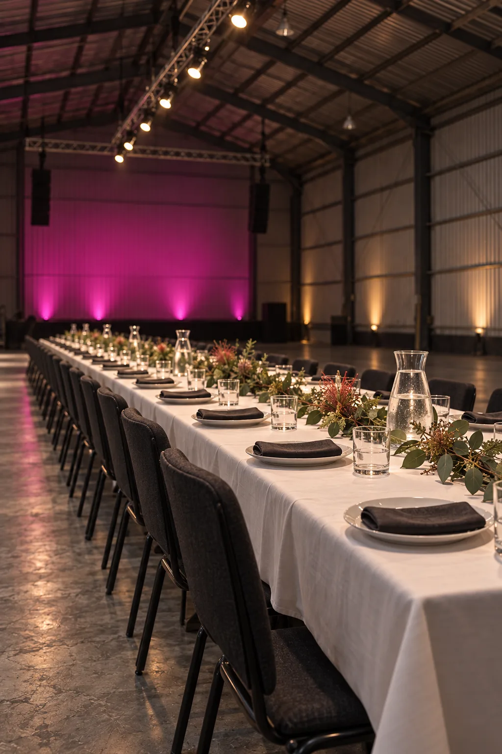 A long dinner table set with water jugs and native leaves, a magenta wash on the far wall, before the guests arrive.