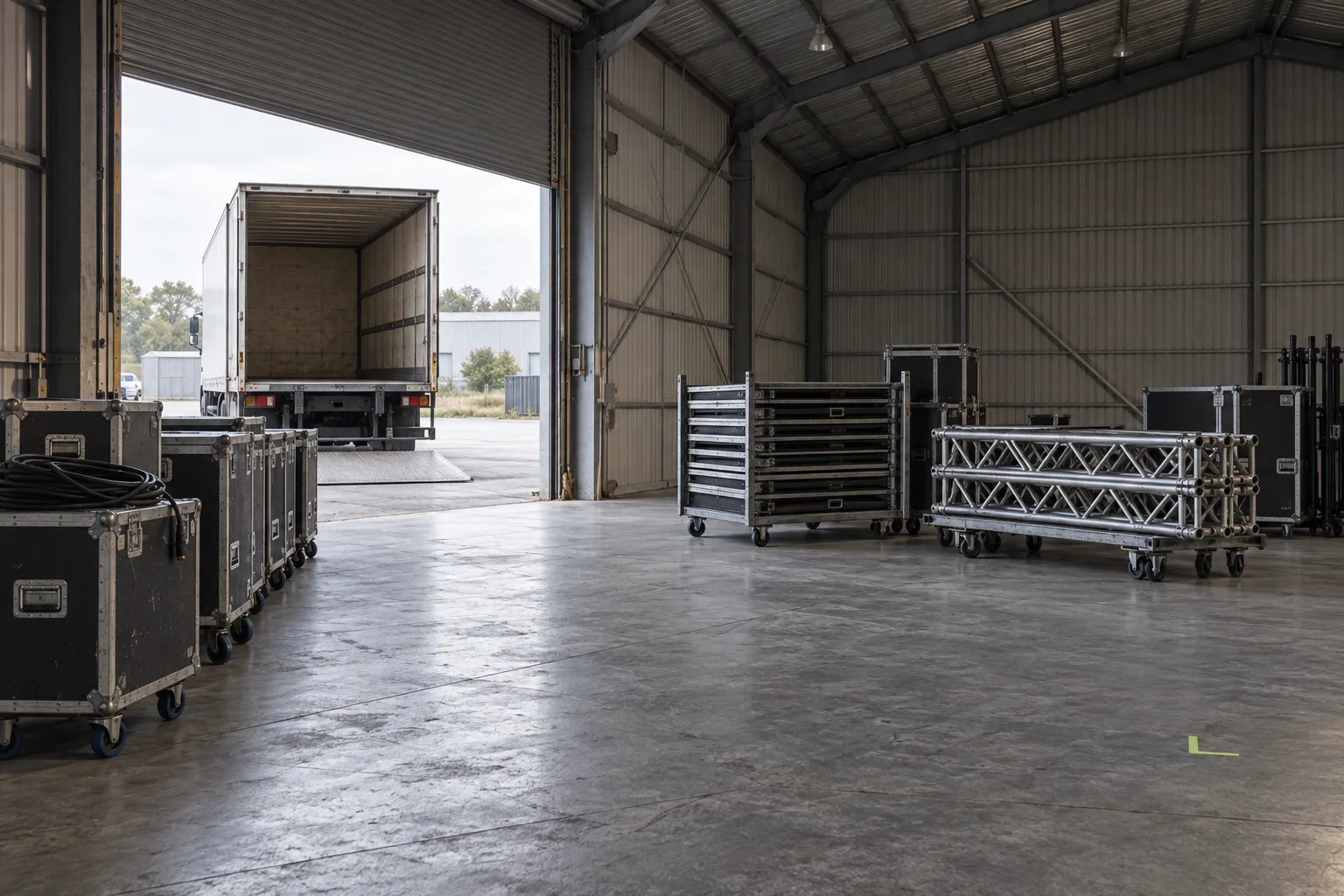 Road cases and folded stage decks lined up by the open dock door in early grey light, the floor swept.