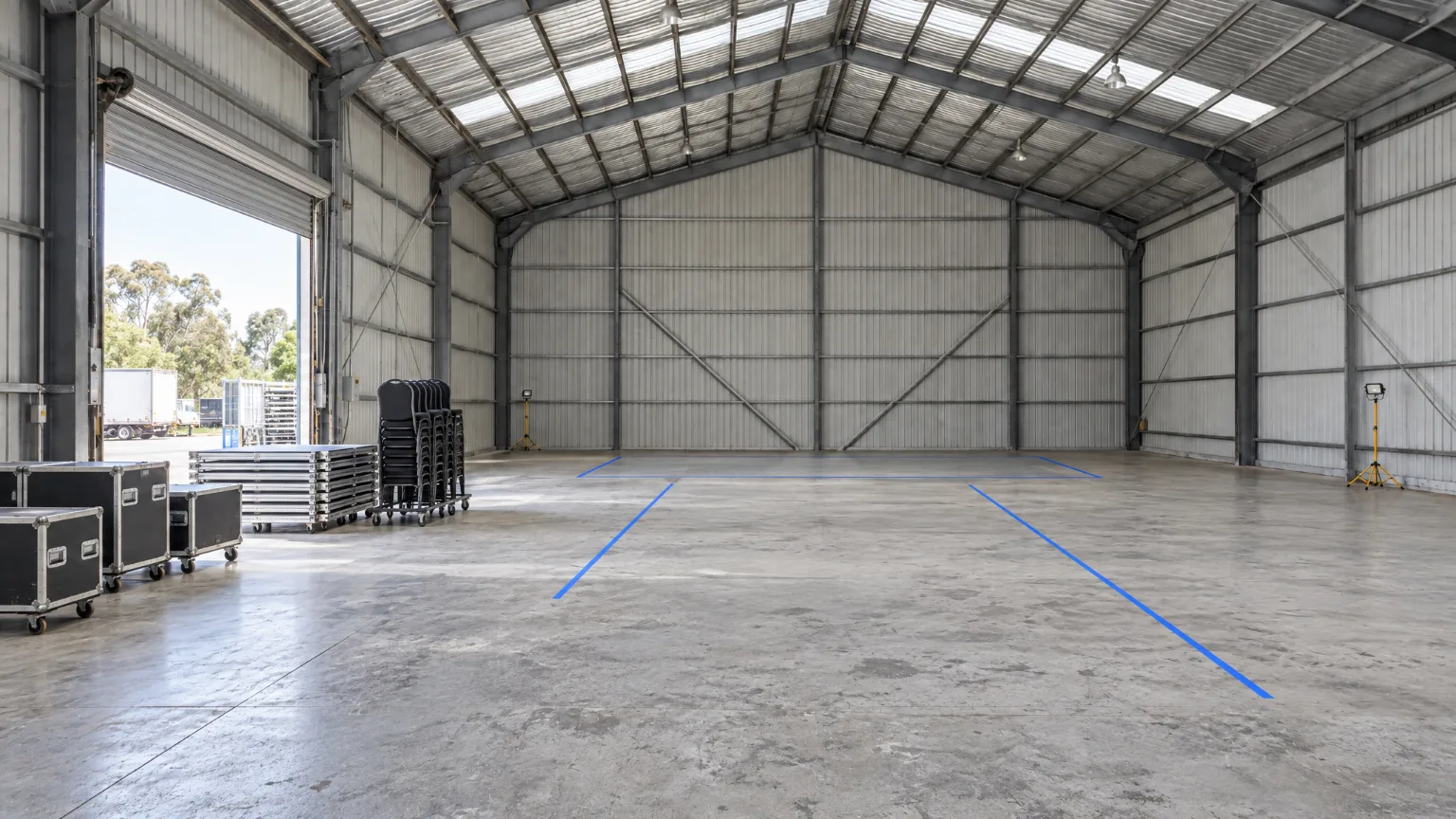 The empty warehouse at load-in, the roller door open to daylight, road cases and folded stage decks inside the door, blue tape marking the stage and aisles on the pale floor.