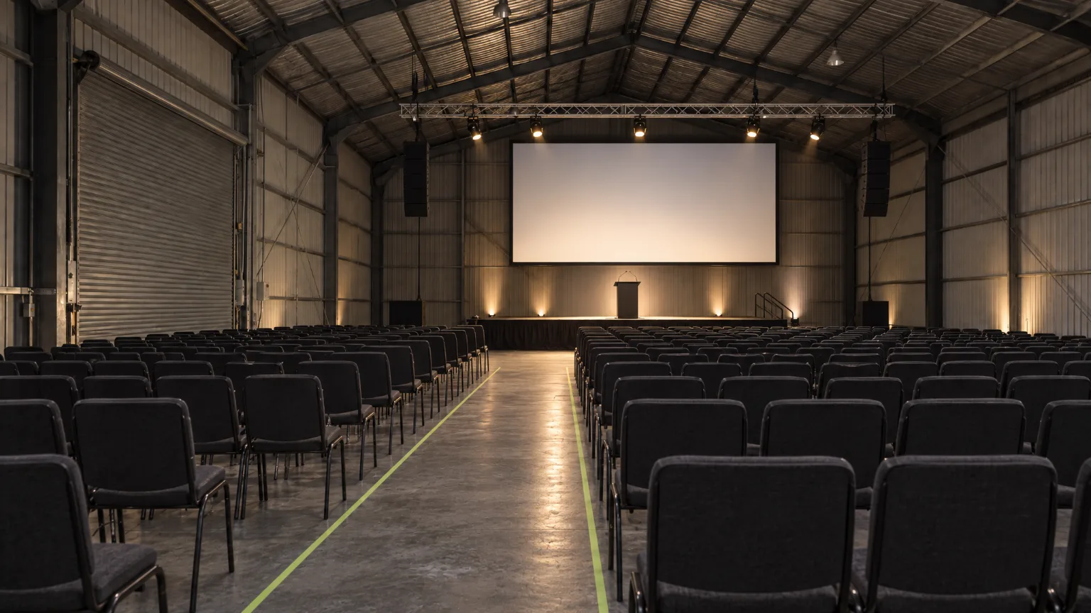 The finished room from the back: rows of empty chairs down to a low stage, the screen lit and waiting.