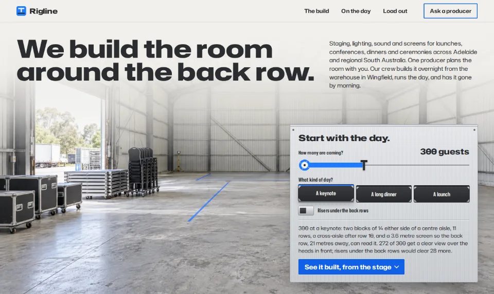 The front page: a warehouse at load-in in daylight, the headline above and the brief on an aluminium case lid