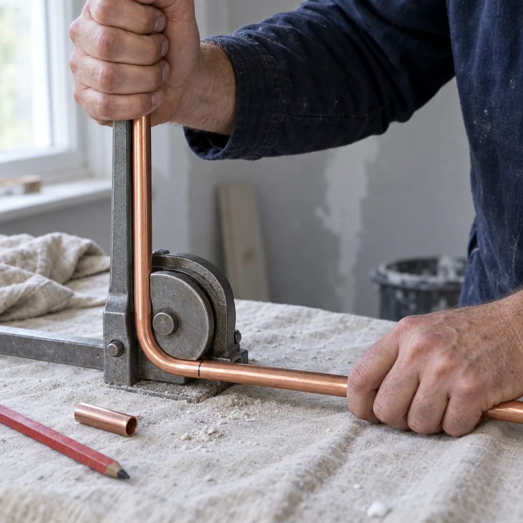 Hands in a navy work shirt bending a length of copper tube into a smooth right angle on a hand bender.