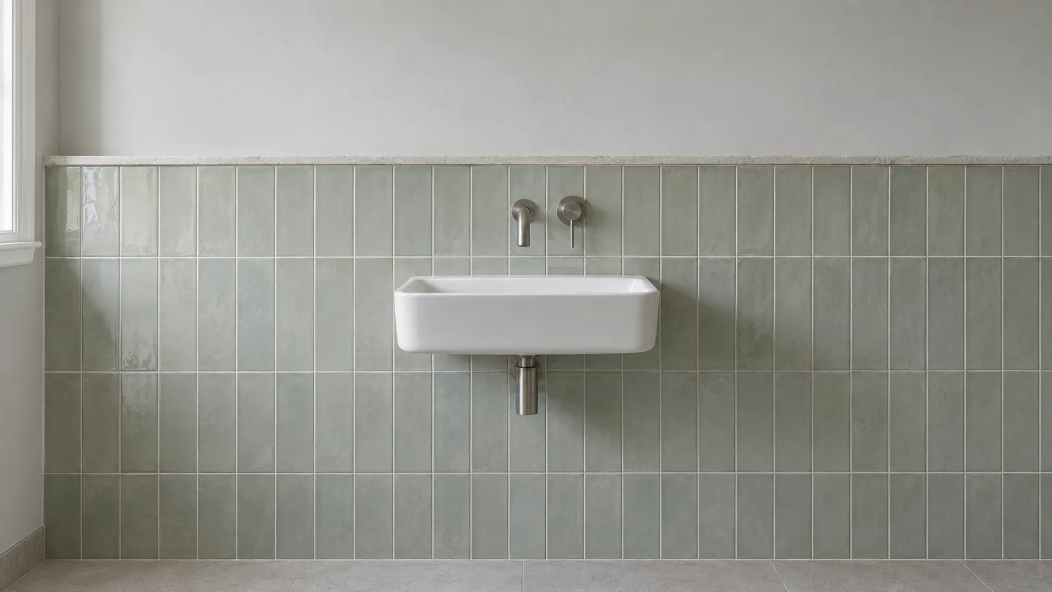 A tiled bathroom wall seen straight on: pale grey-green tiles to a level line, plaster above, a white basin and a plain wall mixer.