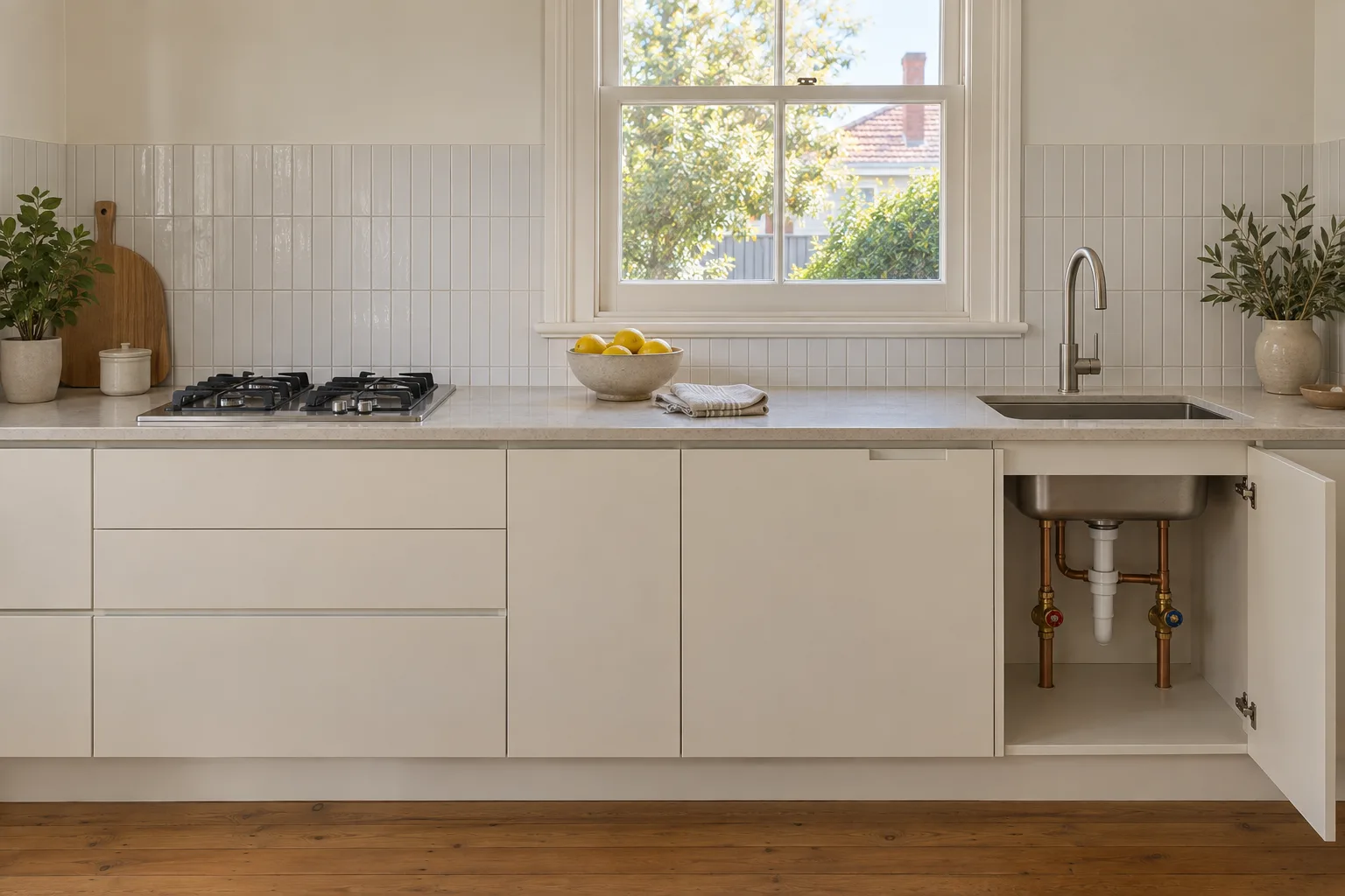 A kitchen wall seen straight on: a gas cooktop and a sink in a stone bench, the cupboard under the sink open to show copper pipes and two small valves.