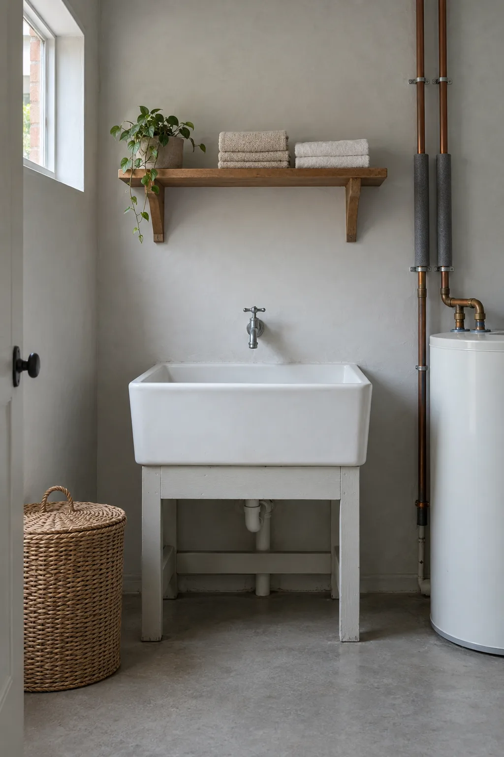A narrow laundry: a white trough, and beside it lagged copper pipes running into the top of a plain white hot water cylinder.