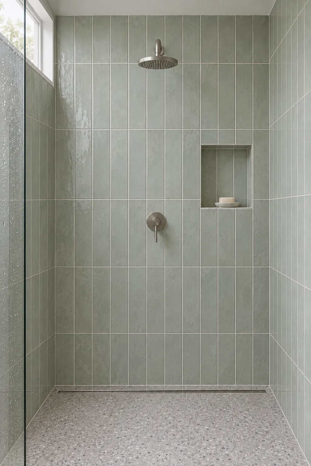 A walk-in shower seen straight on: grey-green tiles, a terrazzo floor falling to a slim drain, a round rose, a lever mixer and a tiled niche.