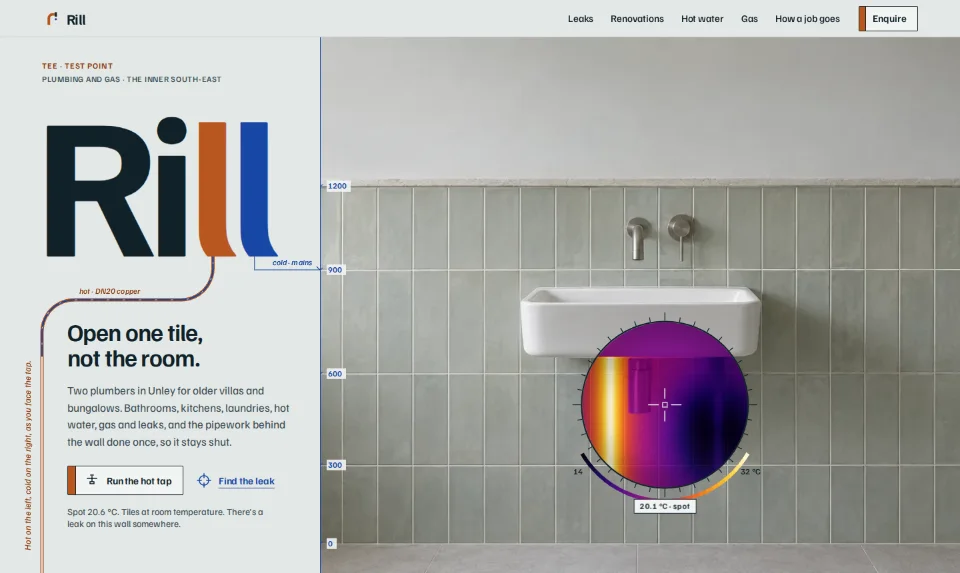 The front page: the name Rill in a tight grotesk beside a tiled bathroom wall and a round thermal viewfinder