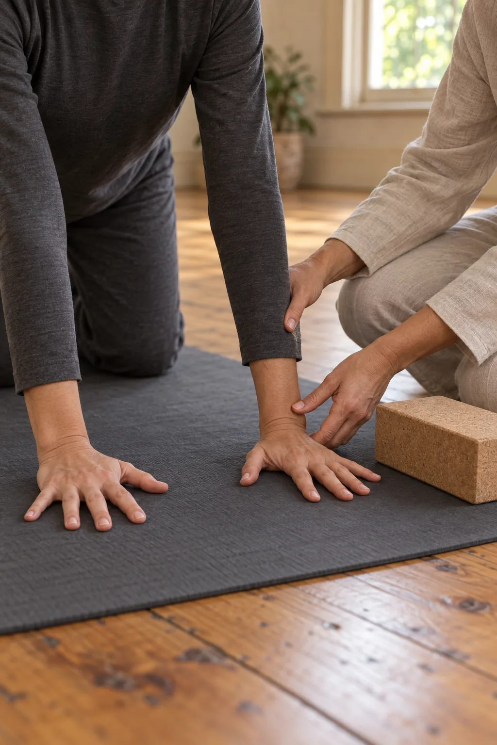 A teacher&rsquo;s hands squaring a student&rsquo;s wrists over a charcoal mat, the student&rsquo;s palms flat and fingers spread, both in loose long sleeves.