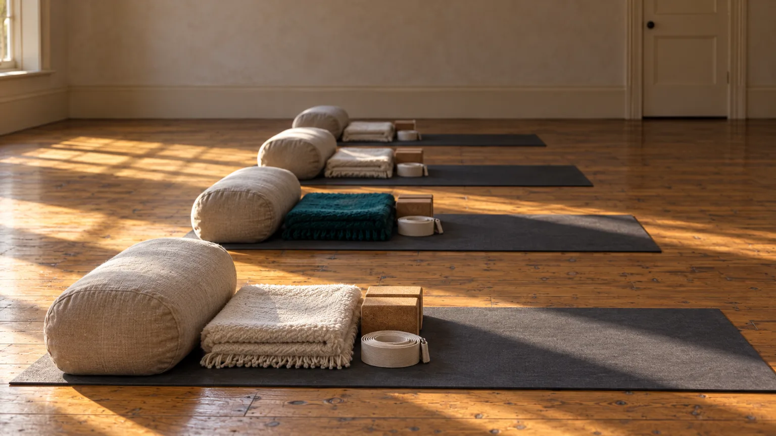 Mats laid one after another along the timber floor before a class, each with a bolster, a folded blanket, cork blocks and a strap at its head, low sun across them.