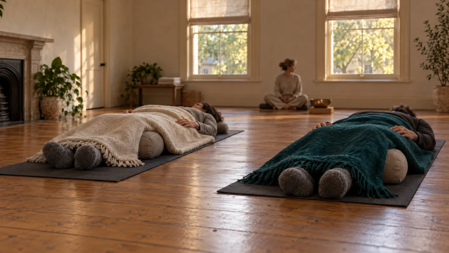 The end of a class: two people lying under blankets with bolsters under their knees, a teacher and the bowl at the far end of the room.