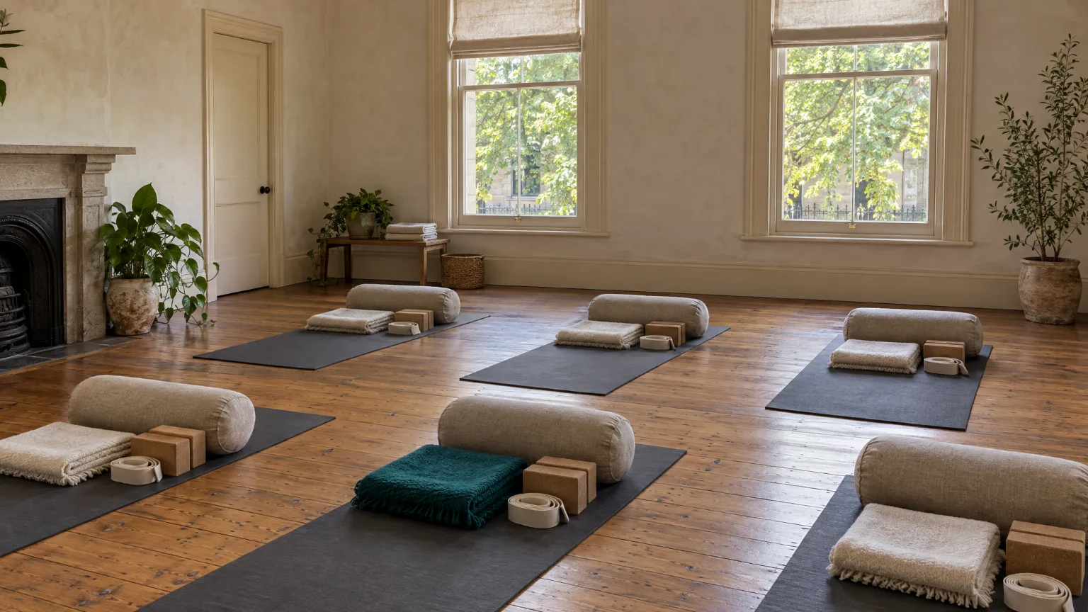The studio before a class: mats in two rows on a timber floor, each with blocks, a strap, a bolster and a folded blanket, tall windows onto trees.