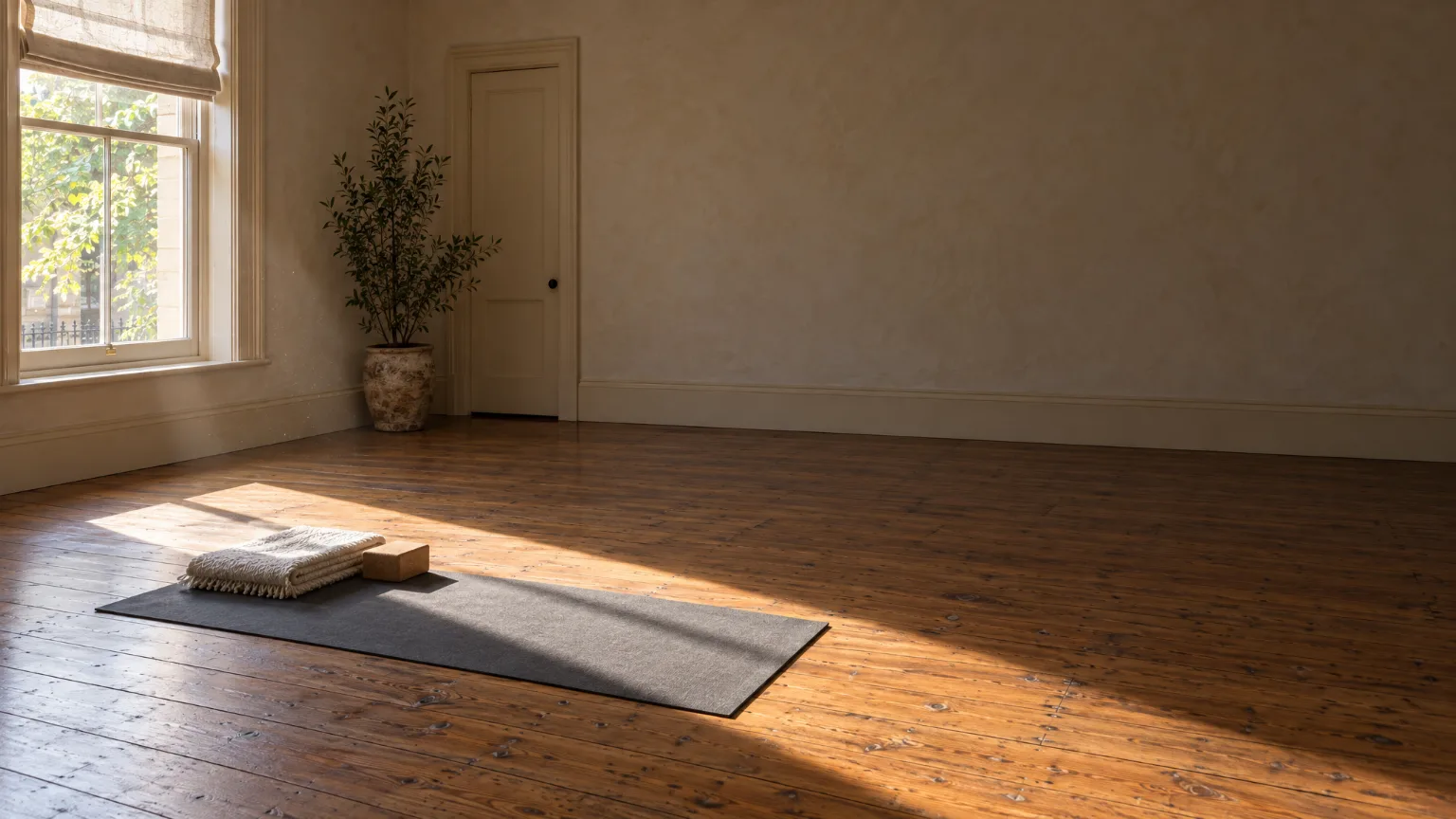 Early sun through one tall window laying a long slant of light across the timber floor and the end of a mat, the rest of the room in warm shade.