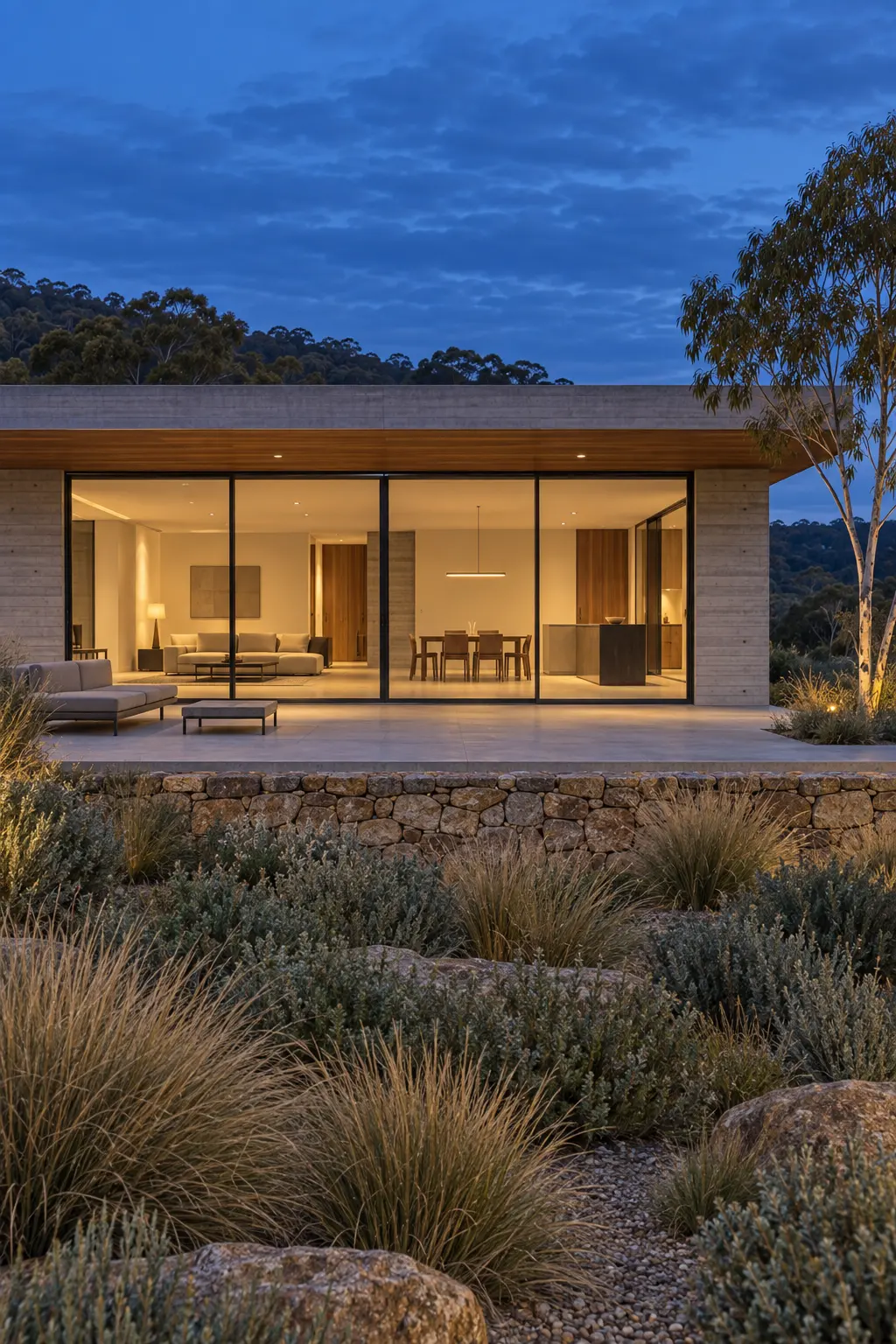 The garden side of the concrete house at dusk: the lit living room behind a long wall of glass, board-marked concrete piers and a low stone wall above the planting.