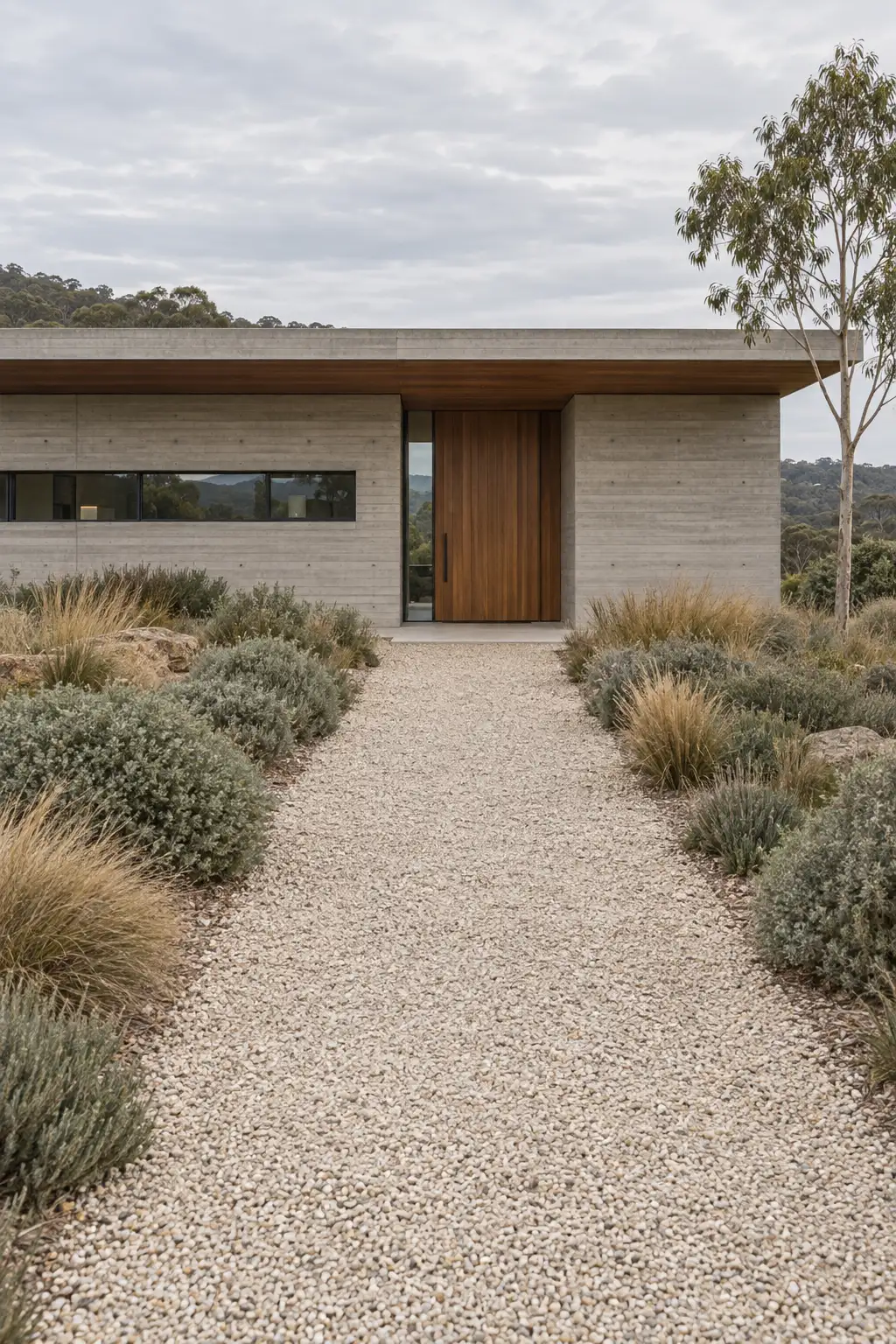 A single-storey board-marked concrete house at the end of a gravel path, under an even grey sky.