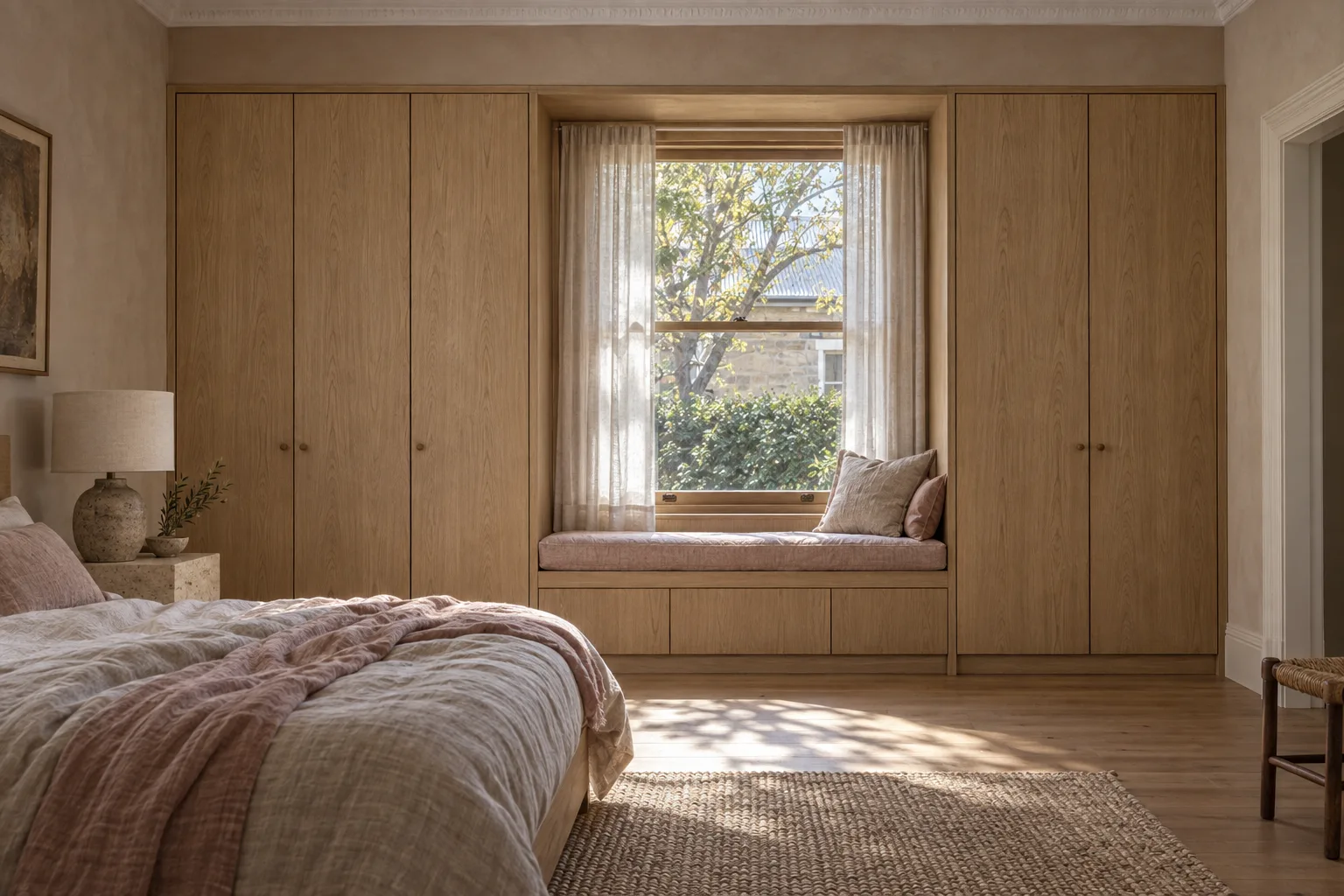 A bedroom wall of limed-oak wardrobes around a window seat with a blush linen cushion, in soft morning light