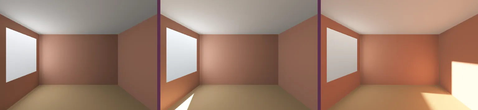 The same clay-pink room three times: cool and even at nine, brighter at one, and at five with the low sun thrown across the floor and the far wall