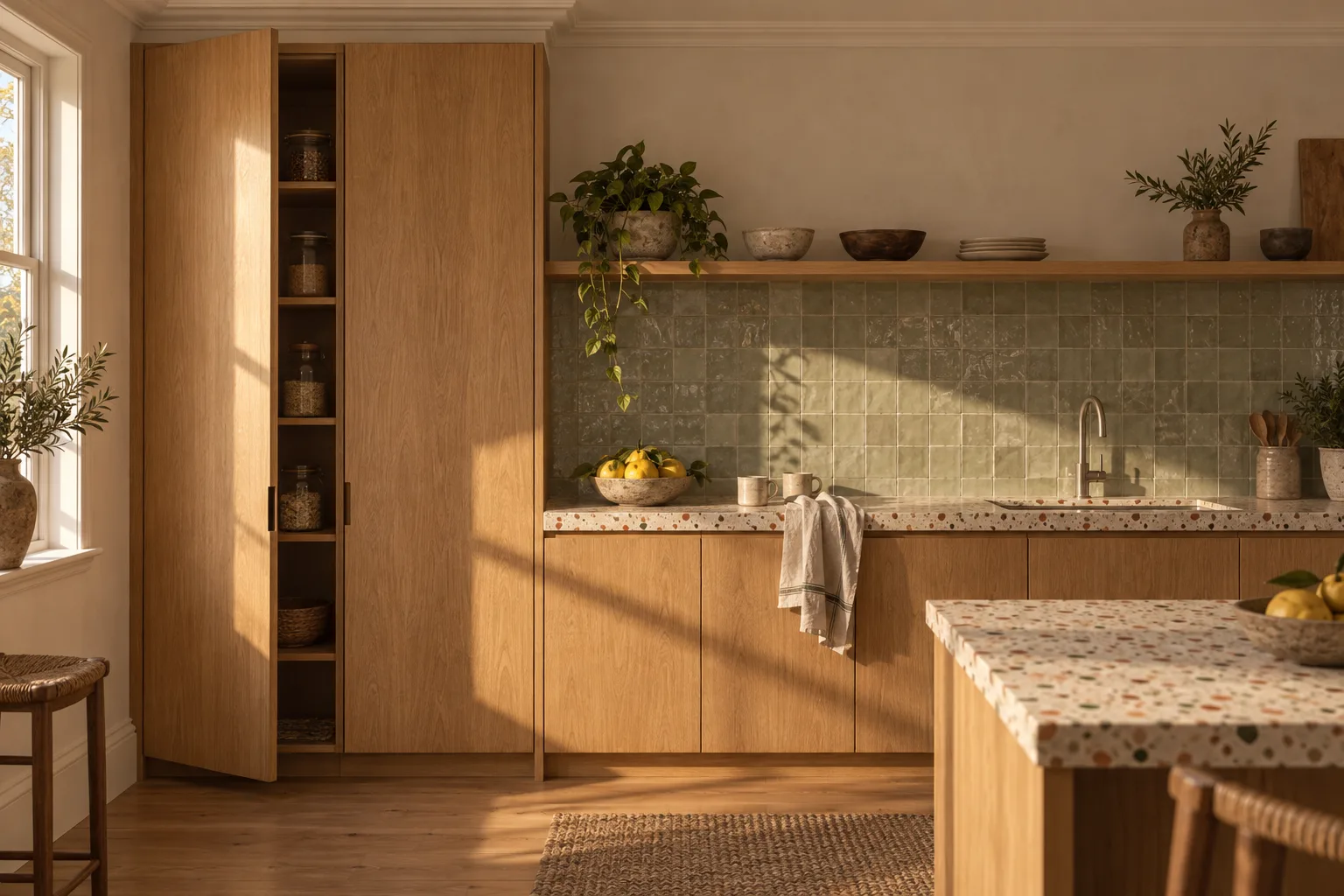 A kitchen in the morning: crown-cut oak cupboards, a terrazzo bench with a bowl of quinces, and low sun from the left