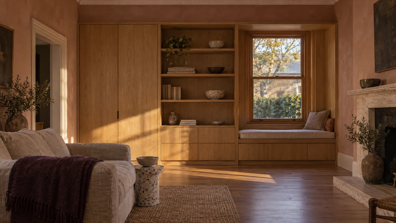 A living room in a bluestone villa: oak cupboards and open shelves along one wall, a linen window seat under a sash window, and late sun across the floor
