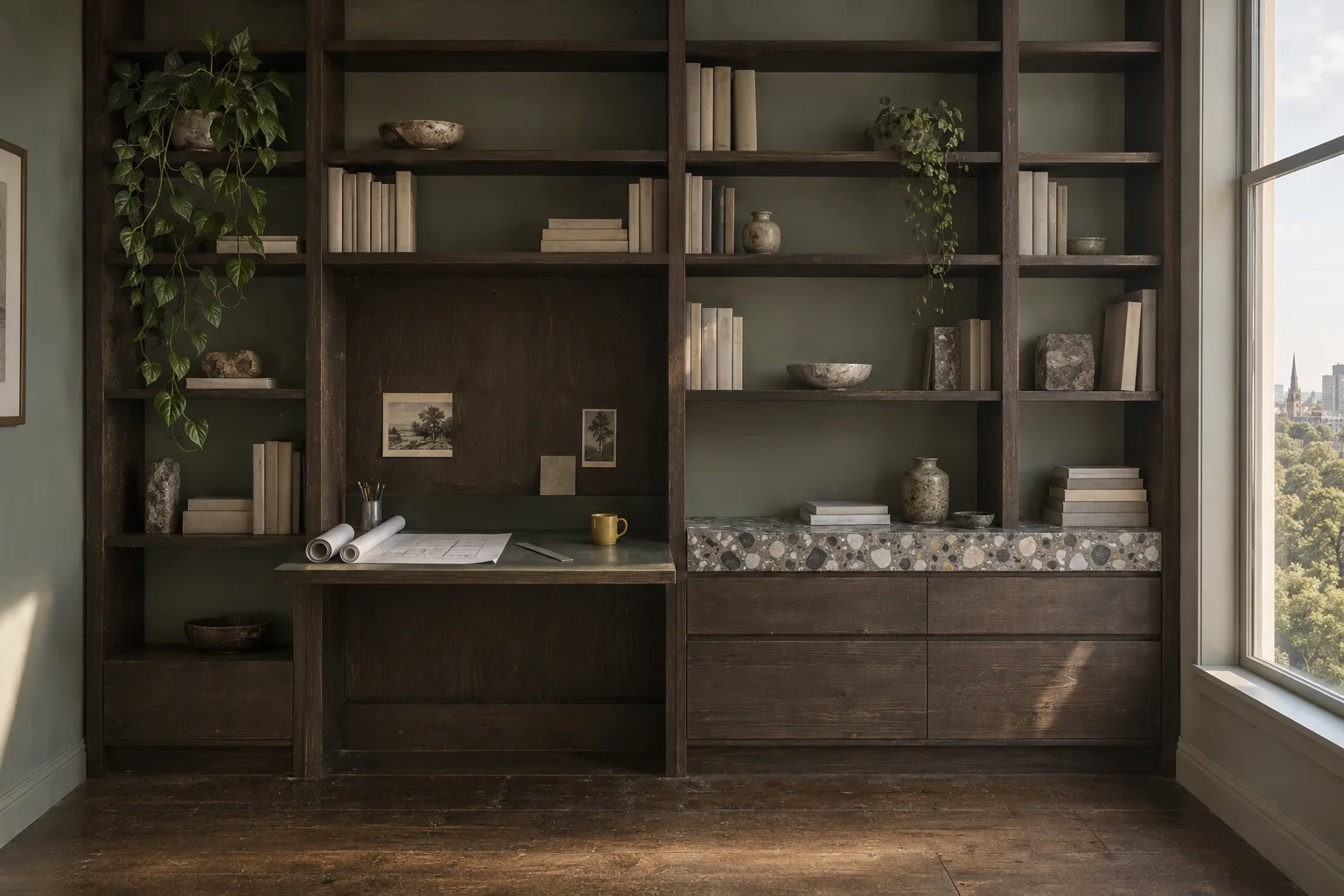 A study of smoked oak shelves with a built-in desk, a yellow cup on the desk and parkland treetops outside