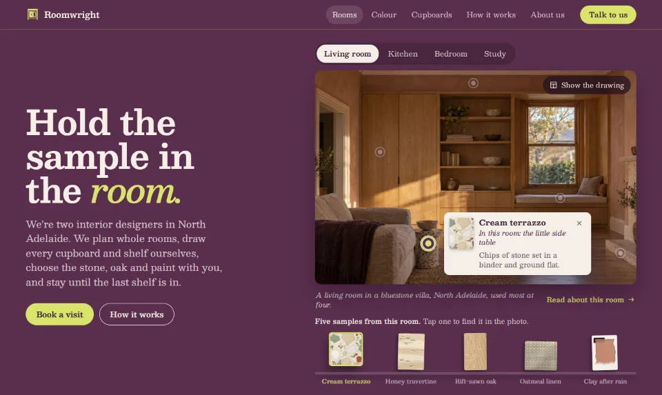 The front page: a sunlit living room under four room tabs, a card pointing out its travertine hearth, five samples on a shelf below