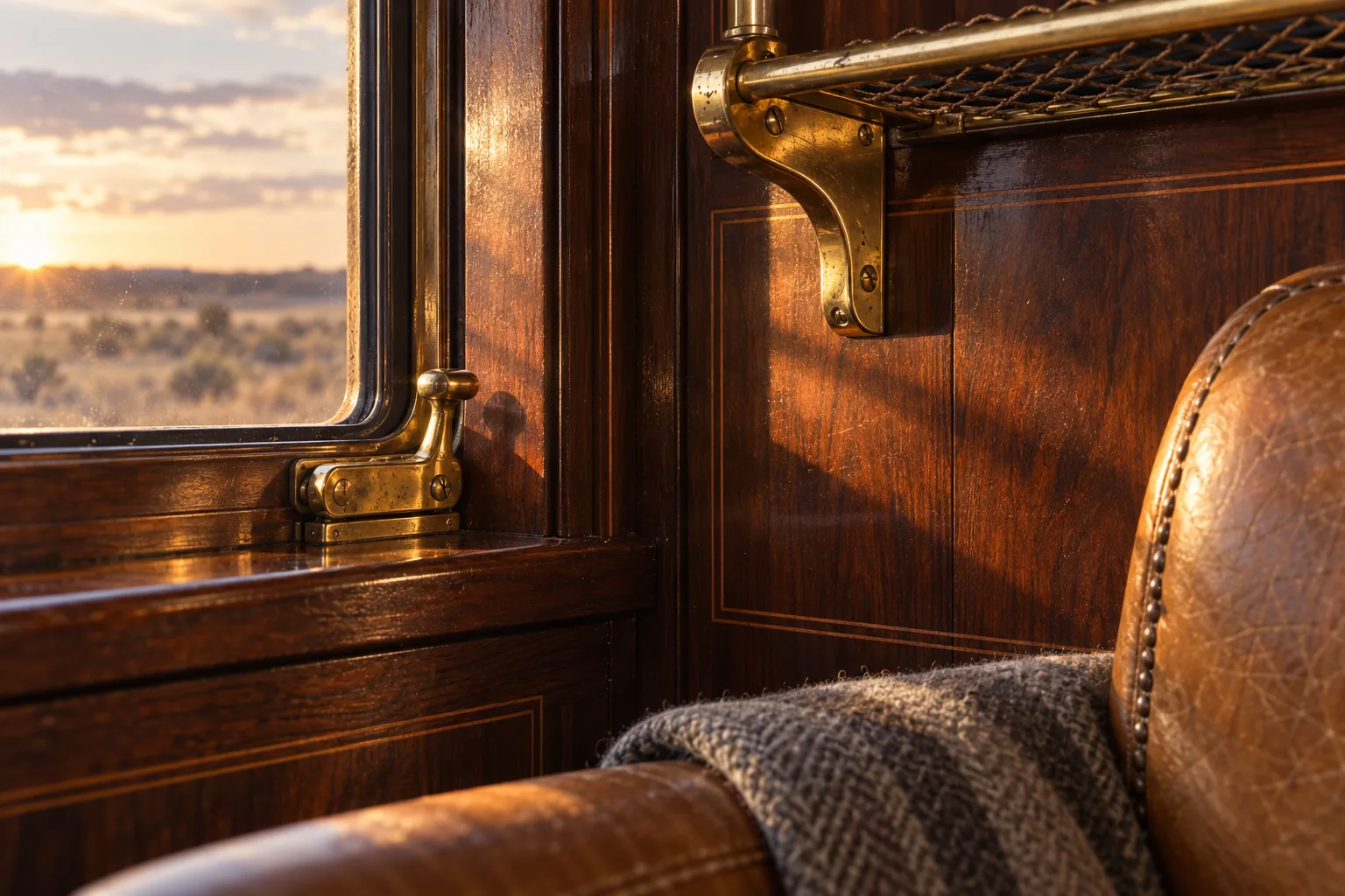 Varnished blackwood panelling and a polished brass luggage rail bracket in a restored carriage, low sun raking across the grain