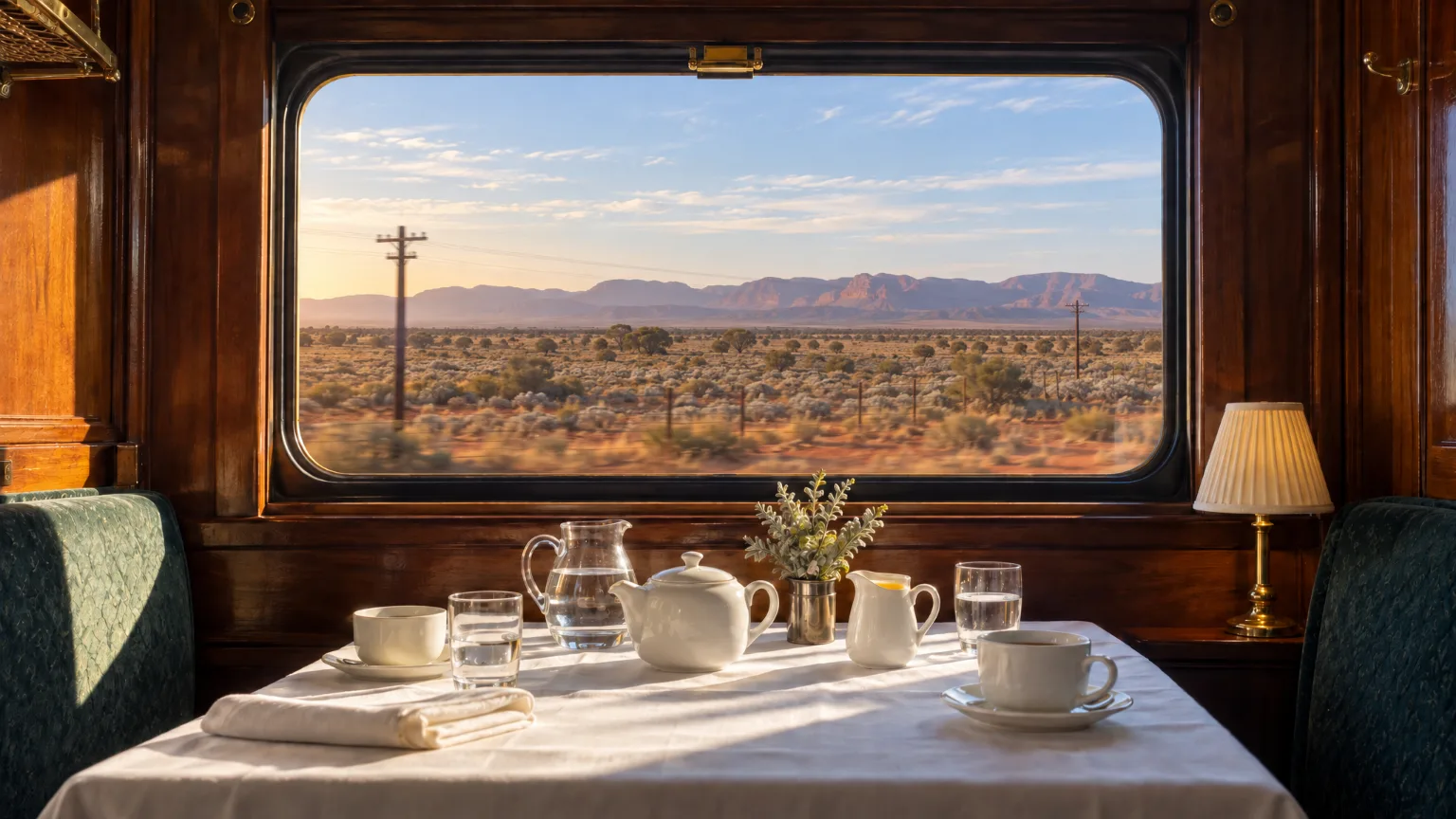 A dining car table for two by the window: a white cloth, a white teapot and cups, a glass jug of water and a brass lamp, and outside a saltbush plain with red ranges far off in the late sun