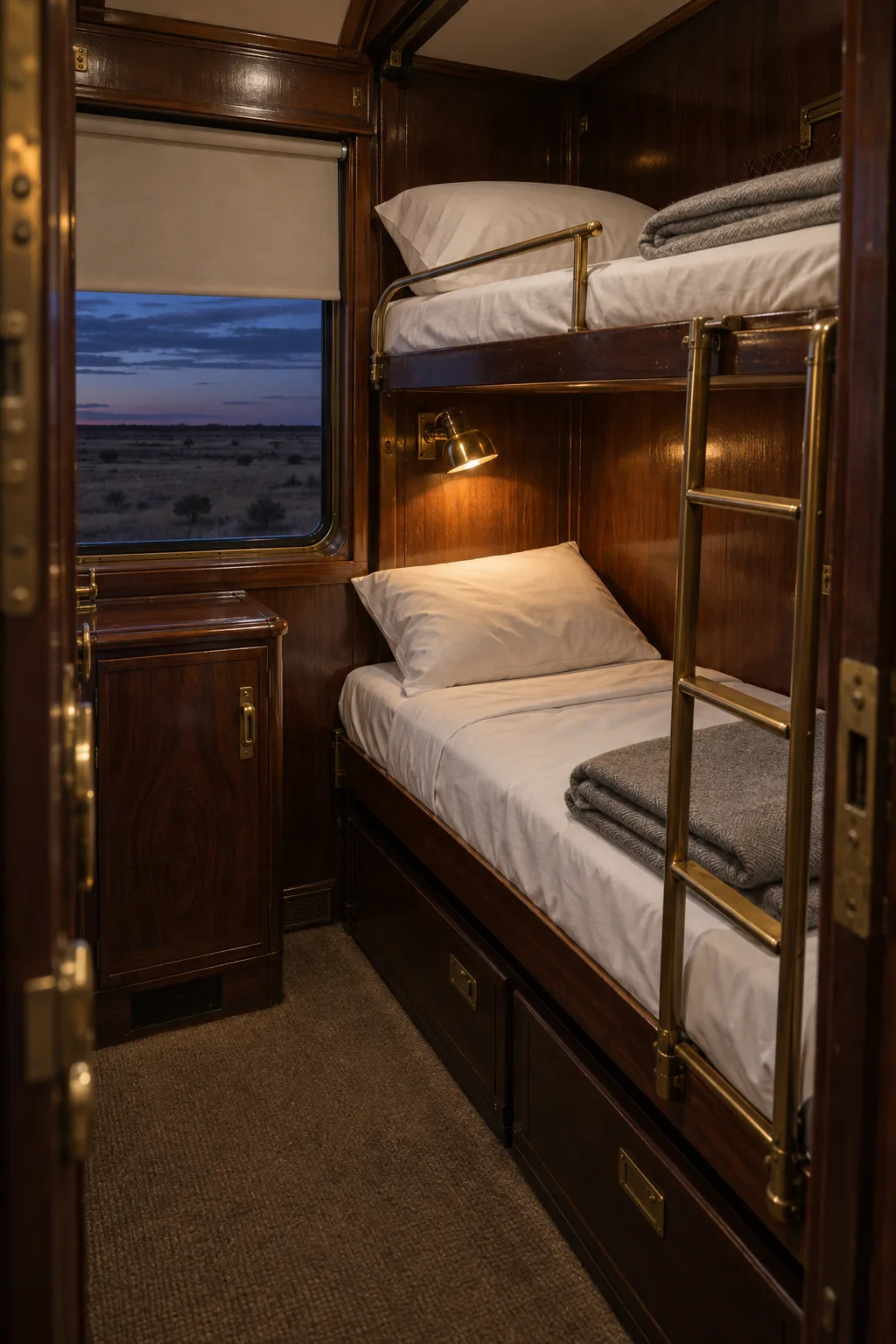 A twin sleeping cabin ready for the night: white linen and grey wool blankets on two berths, a brass reading lamp glowing against the timber, dusk blue at the window