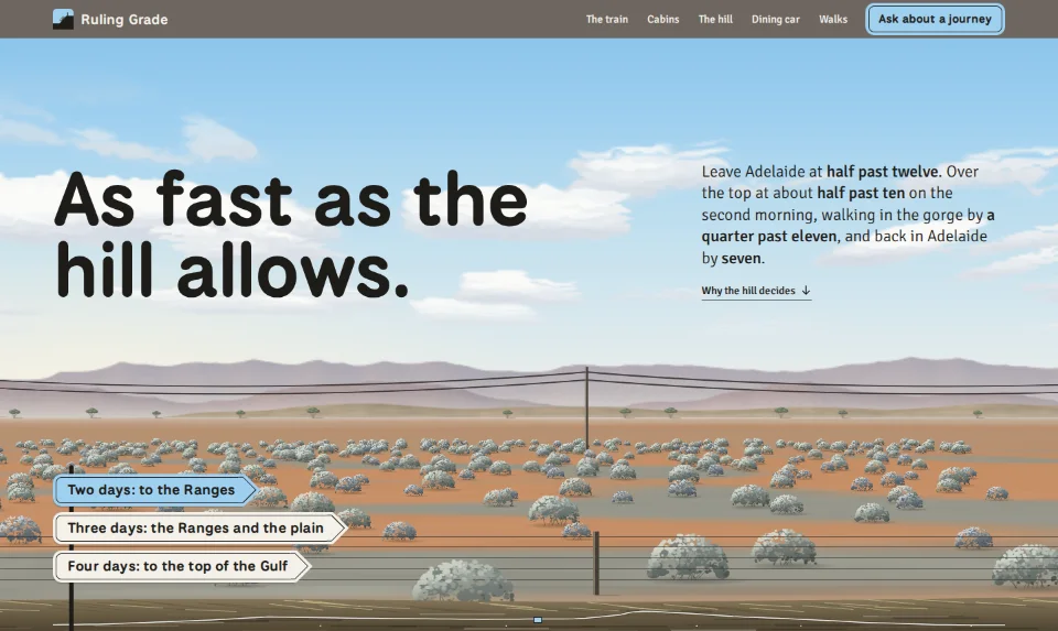 The front page: the country sliding past side-on under a big clouded sky, the headline large in the sky above the ranges