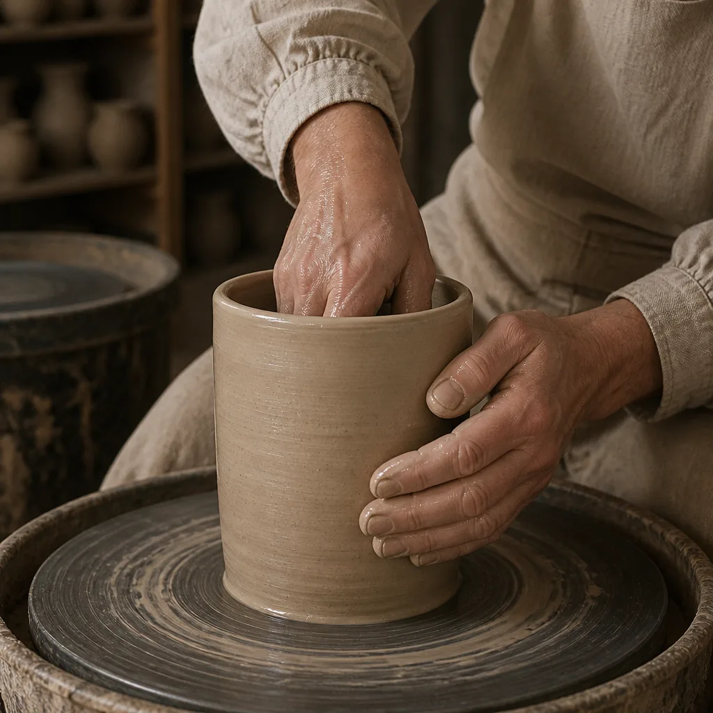 A potter’s wet hands pulling up the wall of a clay cylinder on a turning wheel, long sleeves buttoned at the wrist