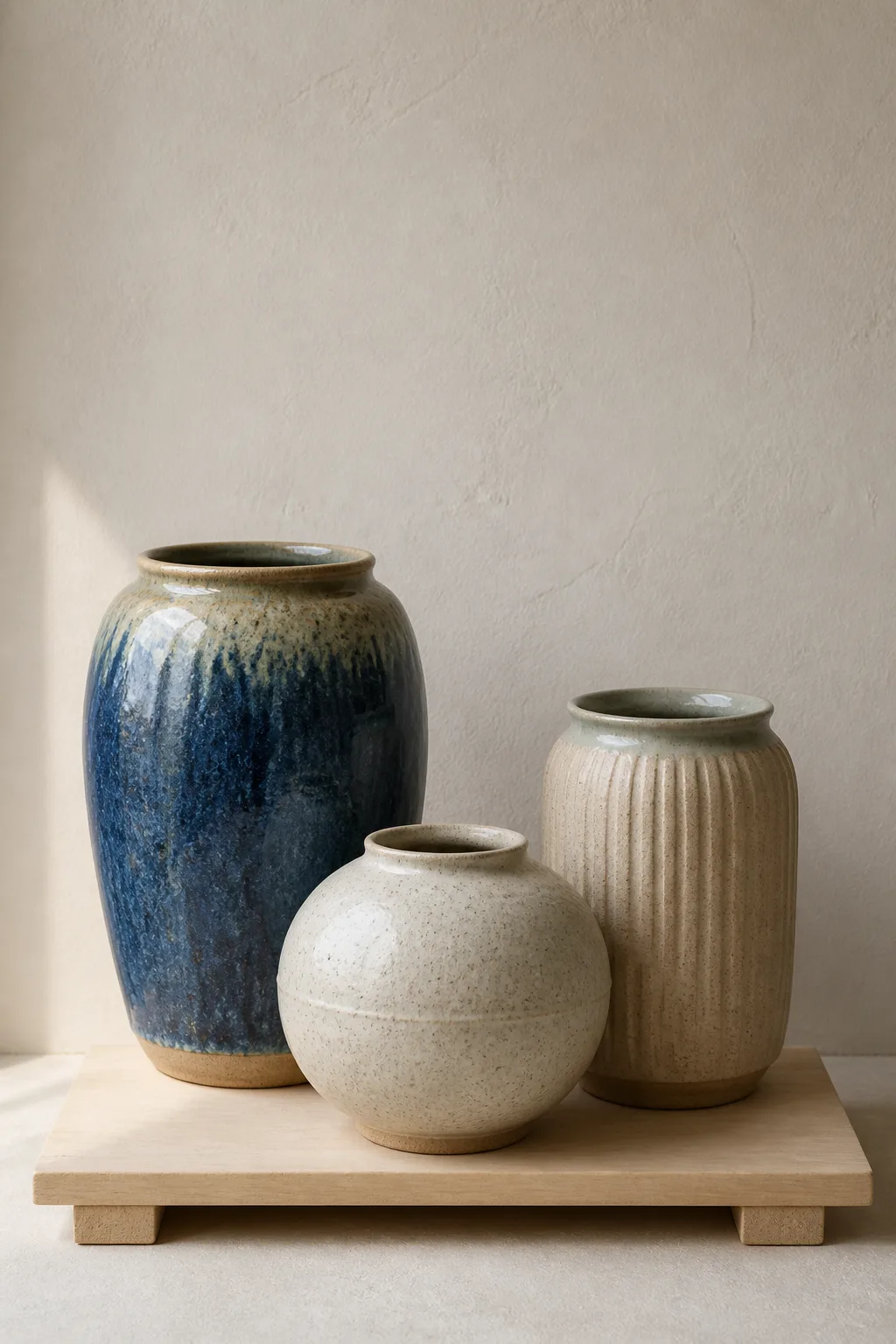 Three one-off stoneware pots on a low plinth: a tall blue vase, a speckled white moon jar and a ribbed vase with a pale green lip