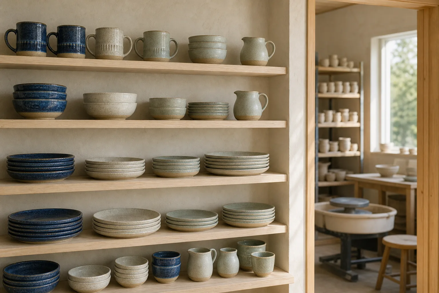 Timber shelves of plates, bowls and cups in the studio shop, with a doorway through to the wheel room