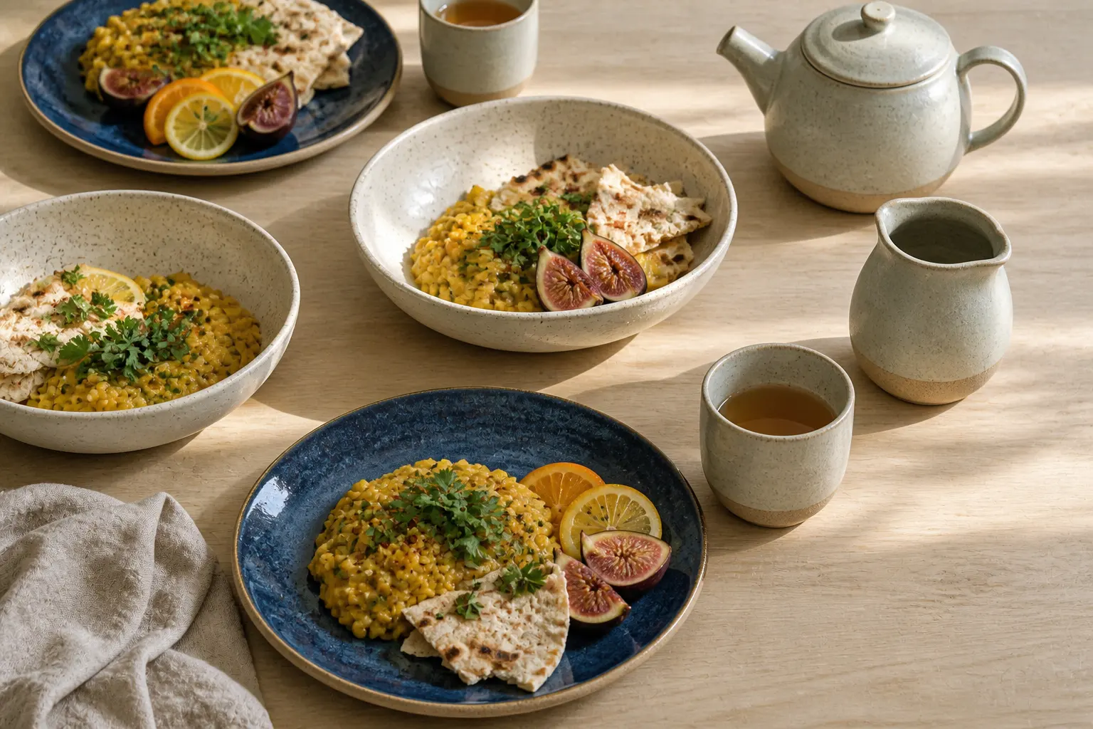 A table laid with handmade plates, bowls and cups in blue, pale green-grey and speckled white, with dal, flatbread, citrus and a pot of tea
