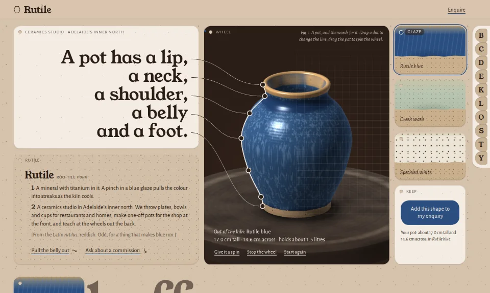 Rutile’s front page: a blue-glazed jar on a potter’s wheel, its lip, neck, shoulder, belly and foot named by the headline