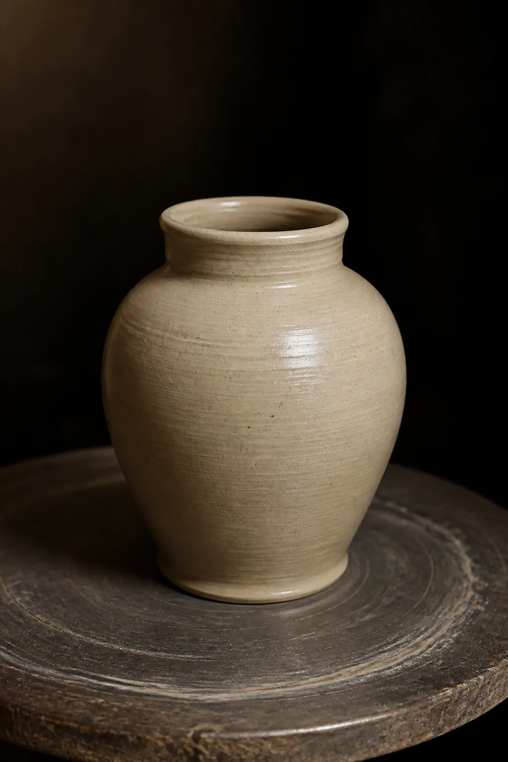 A freshly thrown jar of wet buff clay, flecked with iron, standing on a potter’s wheel in a dim studio