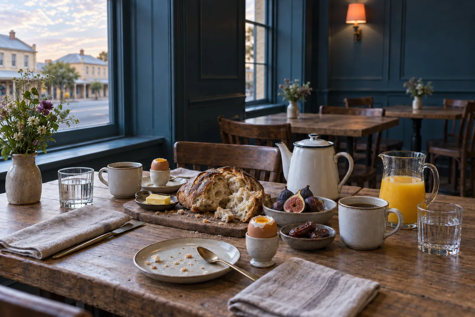 Breakfast by the window downstairs: sourdough, eggs, figs and dates, a pot of tea and a jug of juice pressed that morning.