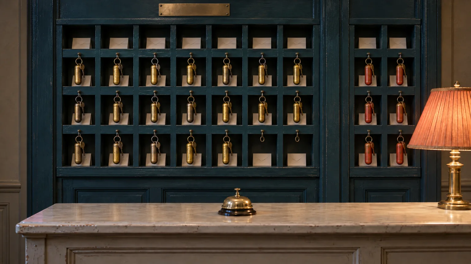 The wall behind the front desk: painted pigeonholes with a heavy brass key hanging under each, six coral house fobs to one side, a brass bell and a coral lamp on the counter.