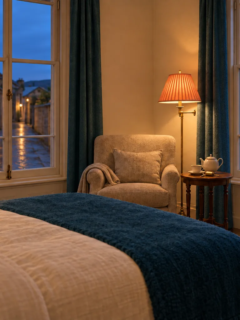 A Corner room with the lamps on: two tall windows meeting at the corner, one down a quiet lane, one over low sandstone roofs, a king bed in linen.