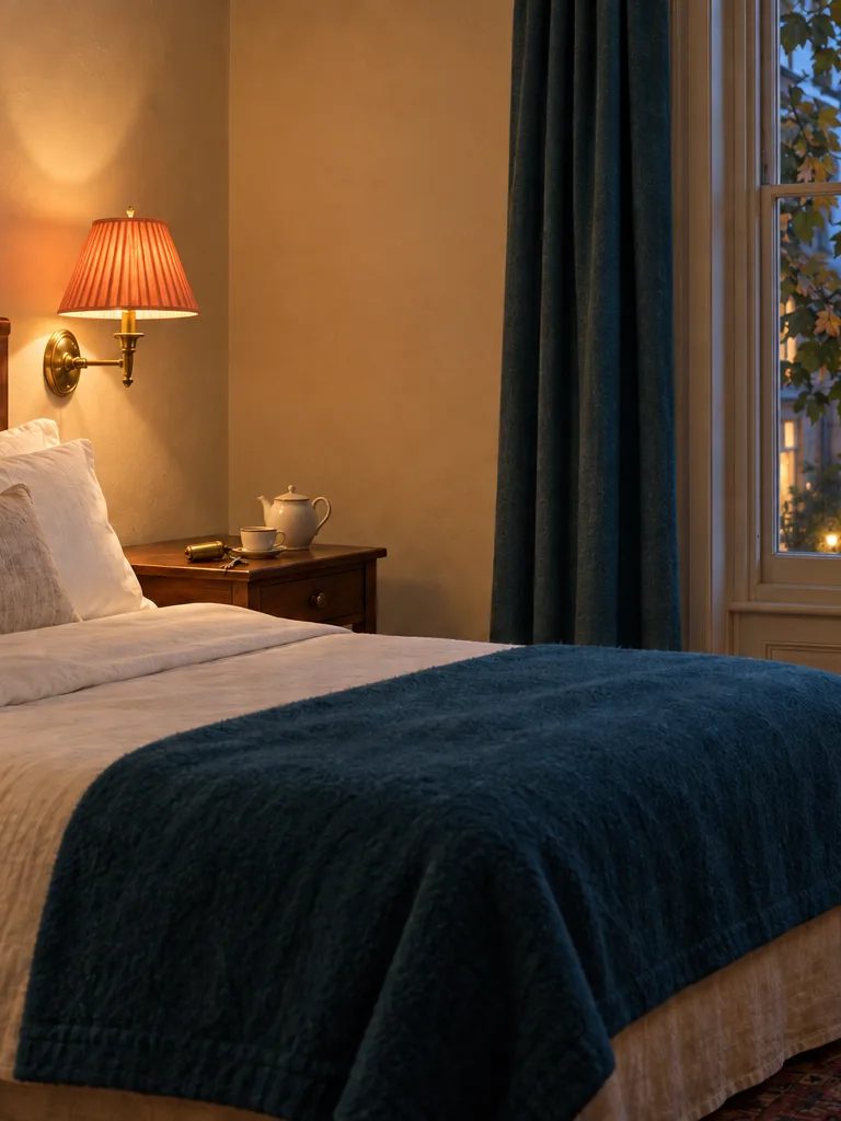 A Courtyard room with the lamps on: a bed made in heavy linen, a coral-shaded sconce, and plane-tree leaves close to the window.