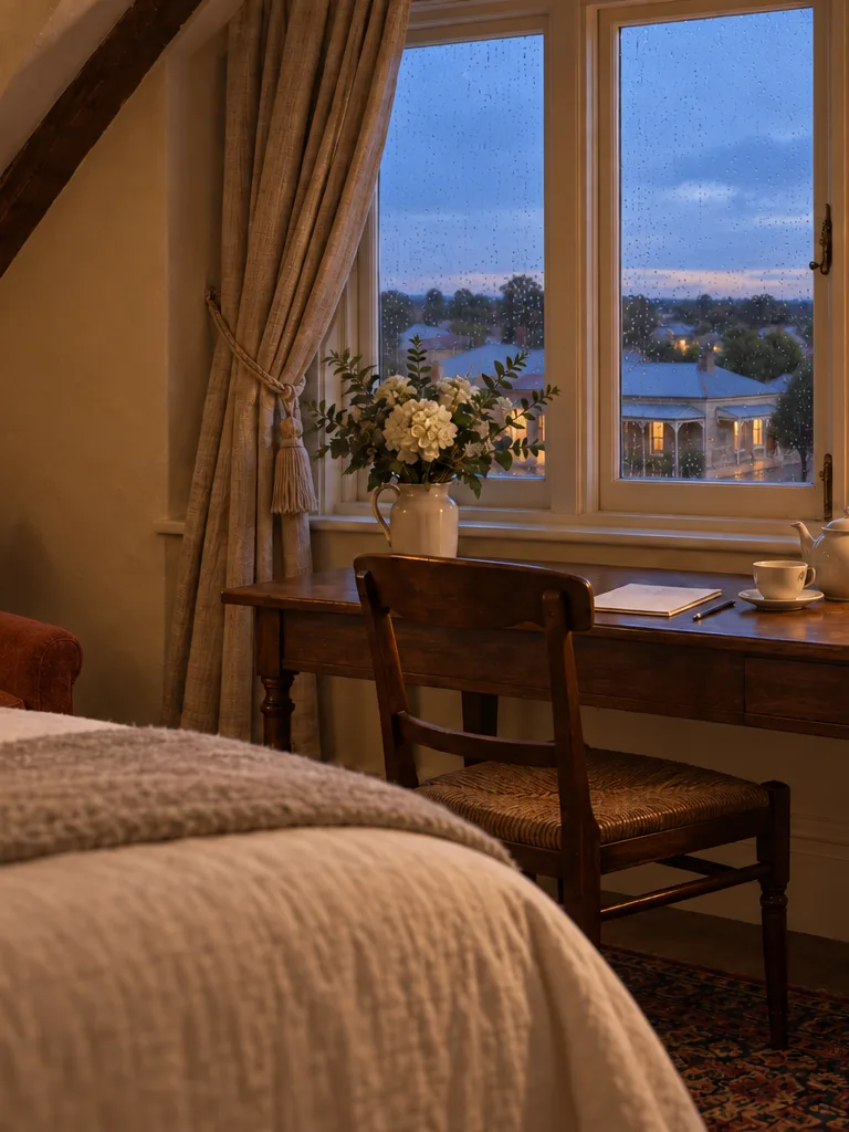 A room under the roofline at blue hour: a lamp lit on a writing table under a wide window, low sandstone roofs and a wide sky beyond, rain on the glass.