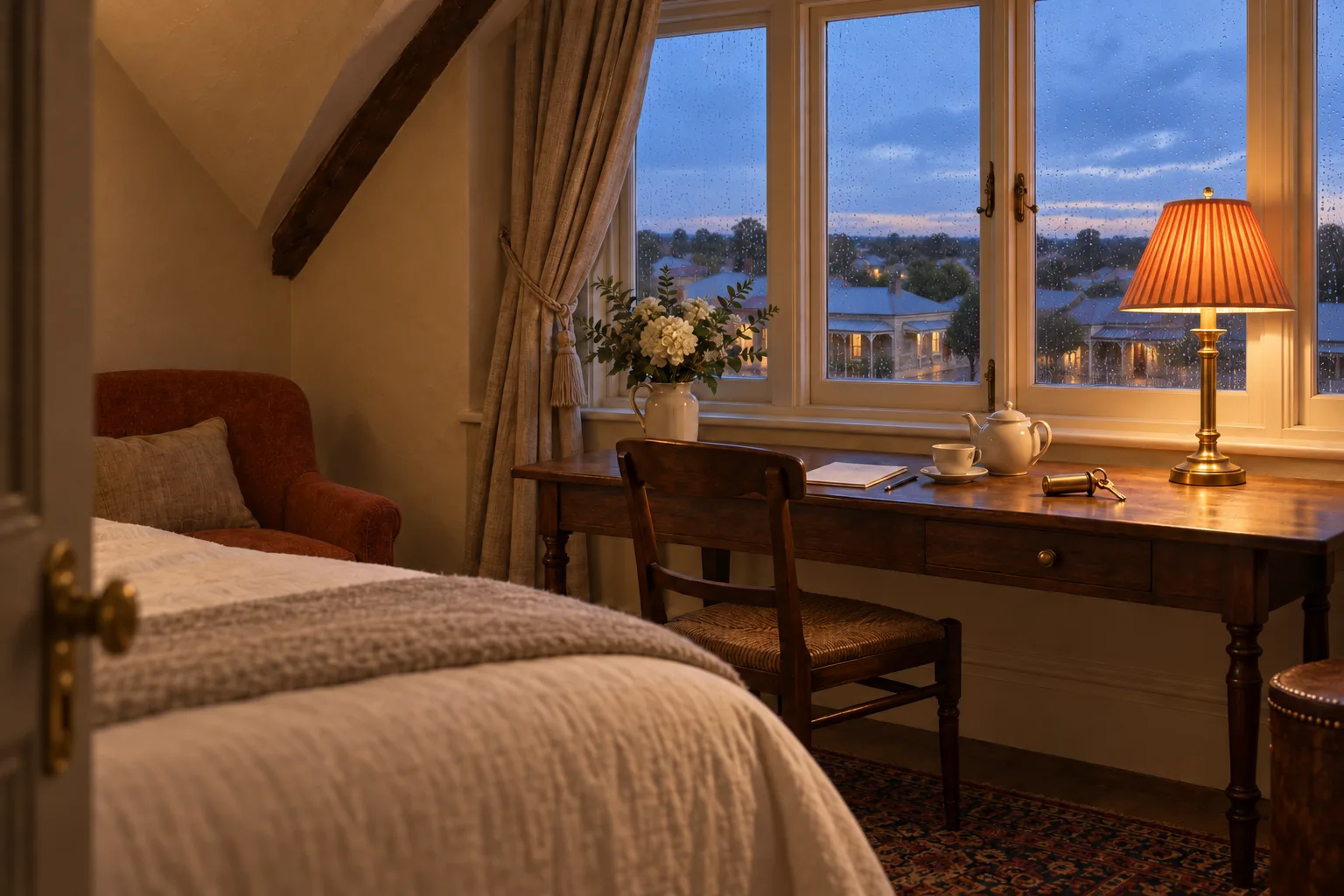 A room under the roofline at blue hour: a lamp lit on a writing table under a wide window, low city roofs soft in the rain beyond.