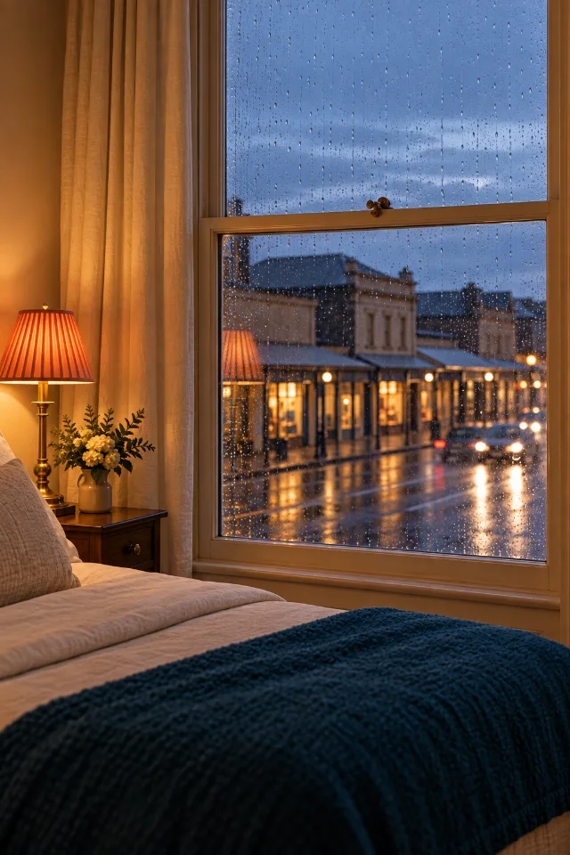 A Street room at dusk: a tall sash window with rain on the glass, low sandstone shopfronts and verandahs soft below, a linen curtain and a lamp lit by the bed.